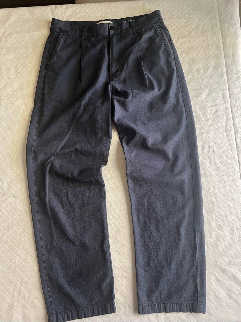 Madewell Mens Cotton Hemp Pleated Trousers Relaxed Straight Navy Pants 30x32